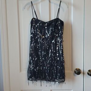 LUCY IN THE SKY BLACK SEQUIN DRESS STRETCH KNIT SIZE LARGE RUNS SMALL SWIFT-Y